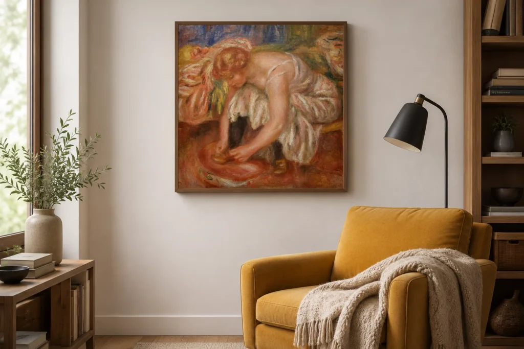 Framed print of Woman Tying Her Shoe hanging on a wall in a furnished room