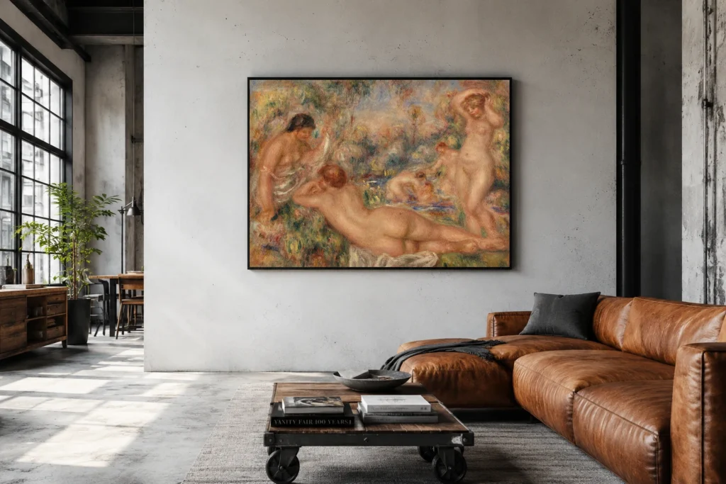 Framed print of Bathers (Baigneuses) hanging on a wall in a furnished room