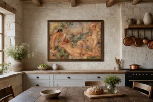 Framed print of Bathers (Baigneuses) hanging on a wall in a furnished room