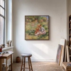 Framed print of Woman and Child in the Grass (Femme avec enfant sur l’herbe) hanging on a wall in a furnished room