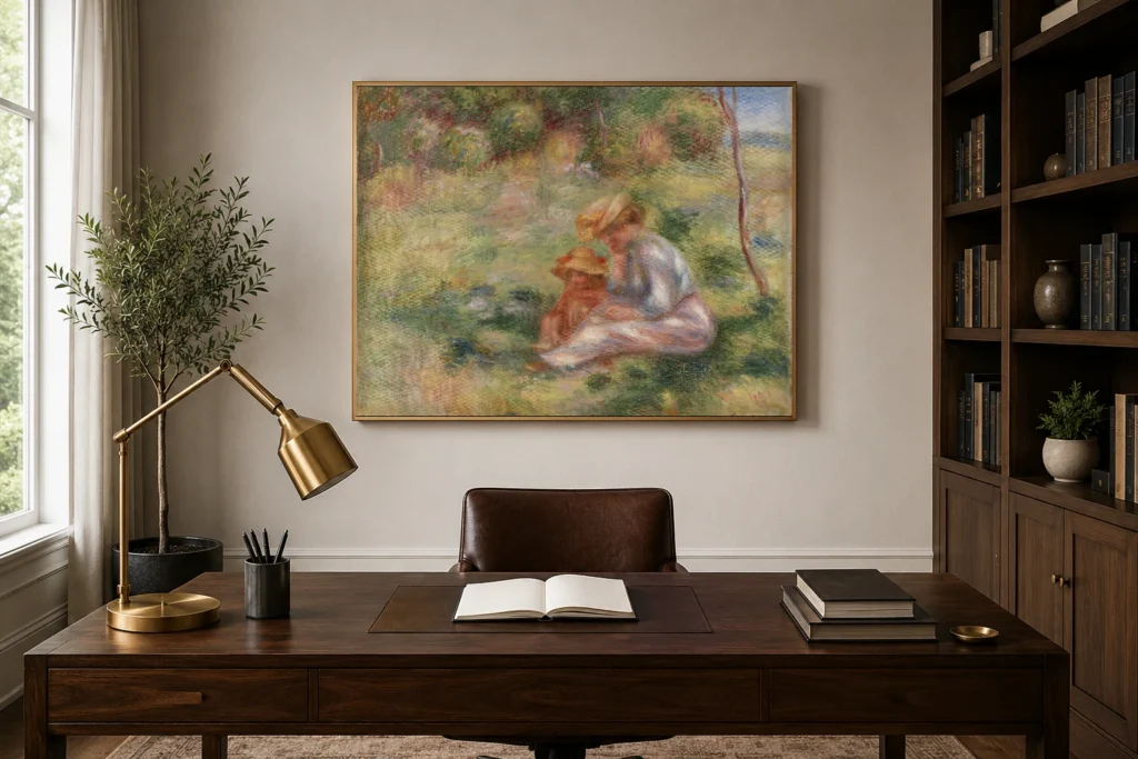 Framed print of Woman and Child in the Grass (Femme avec enfant sur l’herbe) hanging on a wall in a furnished room