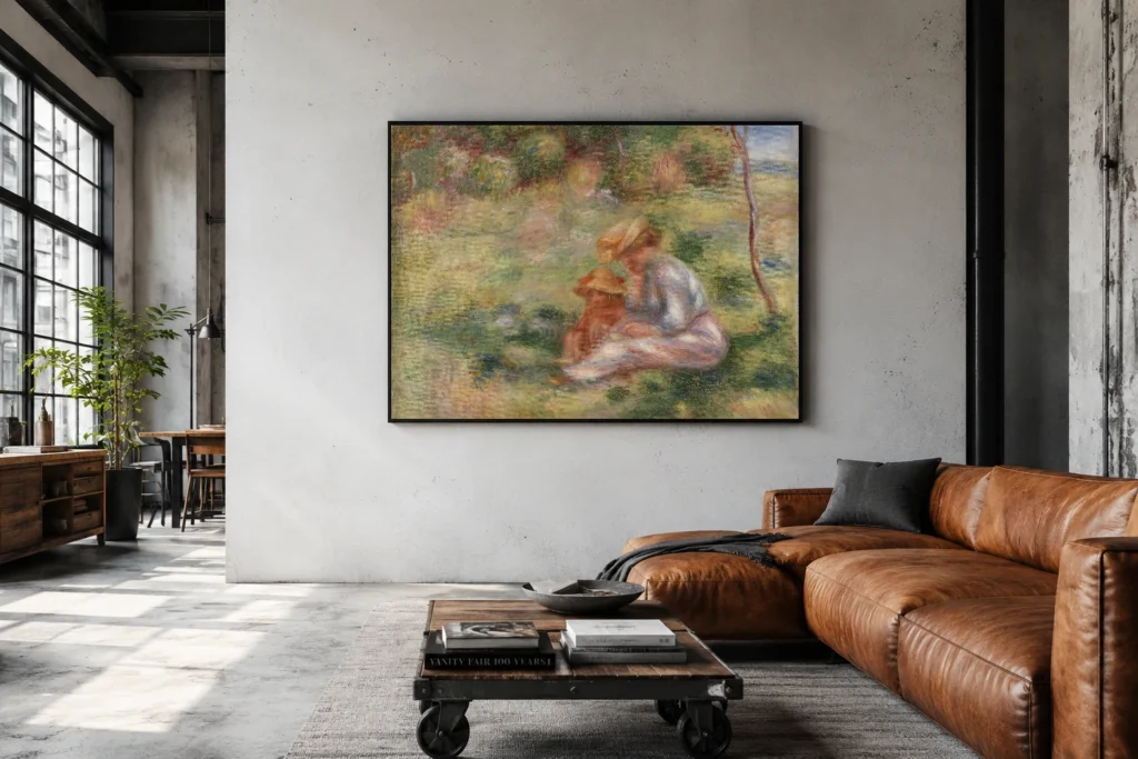 Framed print of Woman and Child in the Grass (Femme avec enfant sur l’herbe) hanging on a wall in a furnished room