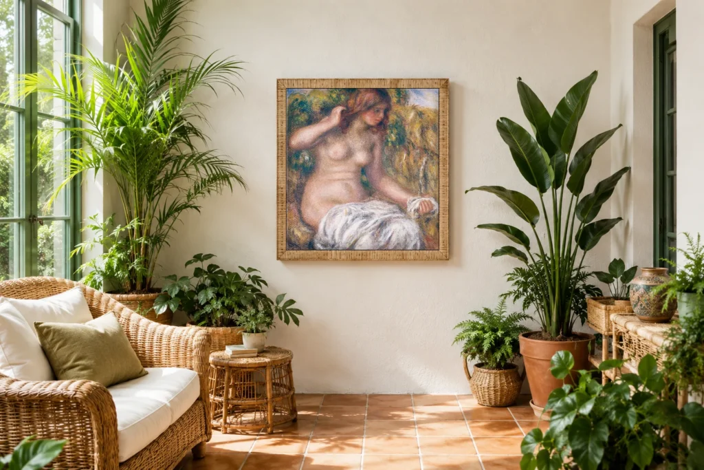 Framed print of Woman by Spring hanging on a wall in a furnished room