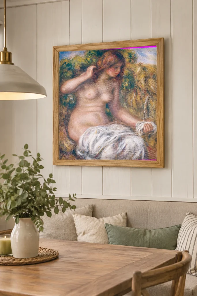Framed print of Woman by Spring hanging on a wall in a furnished room