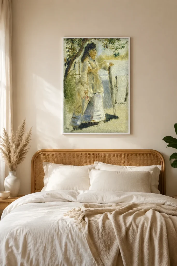 Framed print of Woman by a Fence hanging on a wall in a furnished room