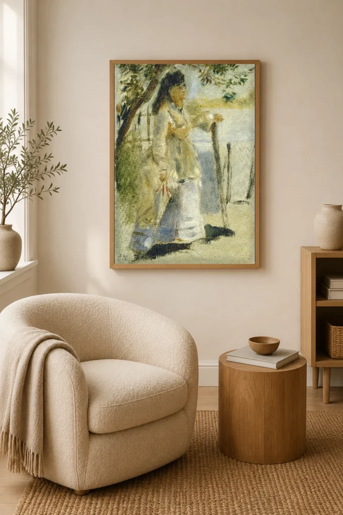 Framed print of Woman by a Fence hanging on a wall in a furnished room