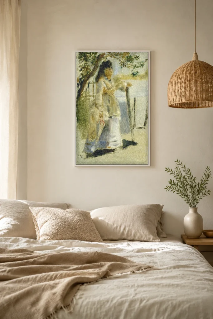 Framed print of Woman by a Fence hanging on a wall in a furnished room
