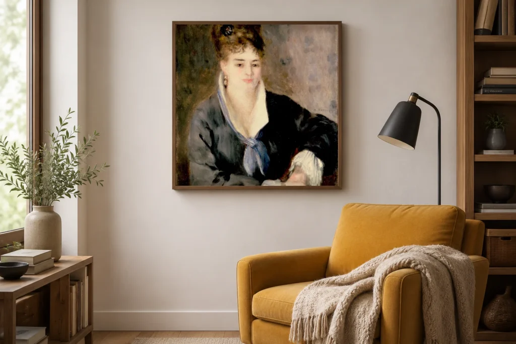 Framed print of Woman in Black hanging on a wall in a furnished room