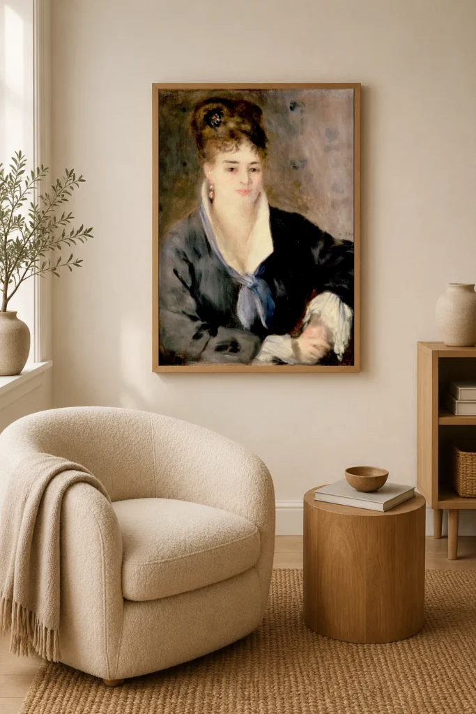Framed print of Woman in Black hanging on a wall in a furnished room