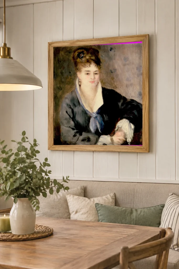 Framed print of Woman in Black hanging on a wall in a furnished room