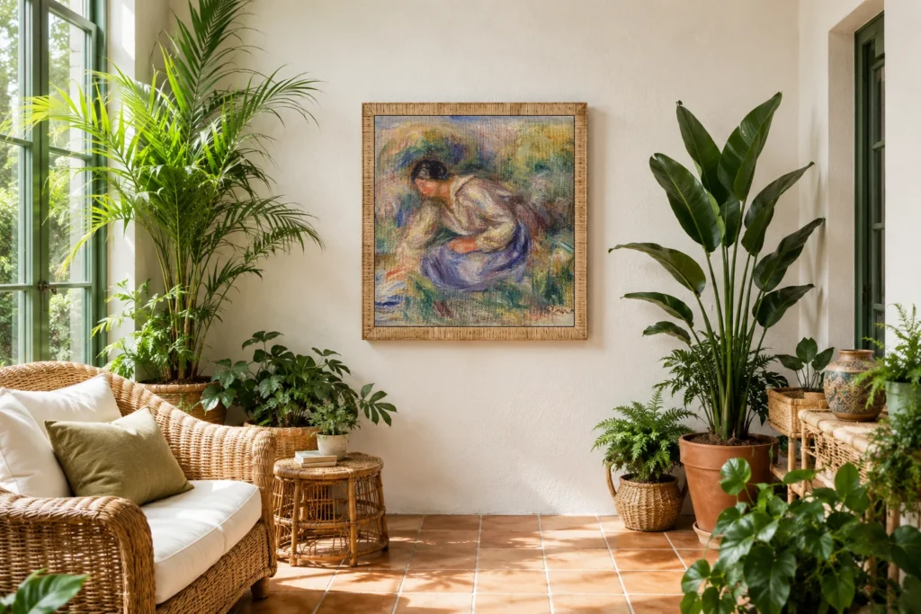 Framed print of Woman in Blue Skirt (Femme en jupe bleue) hanging on a wall in a furnished room