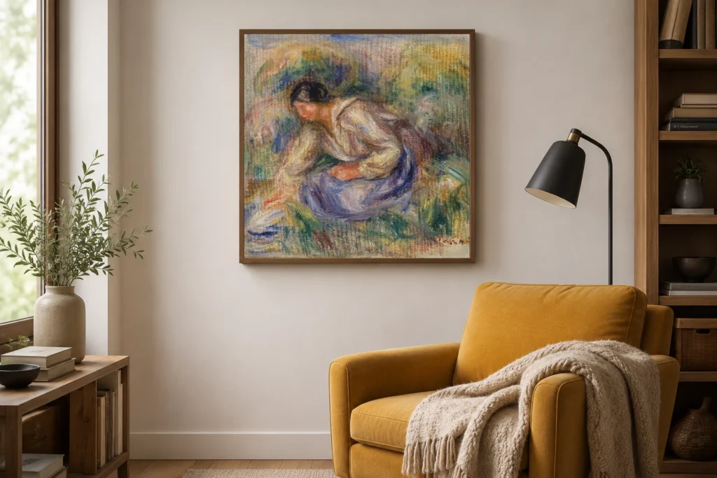 Framed print of Woman in Blue Skirt (Femme en jupe bleue) hanging on a wall in a furnished room