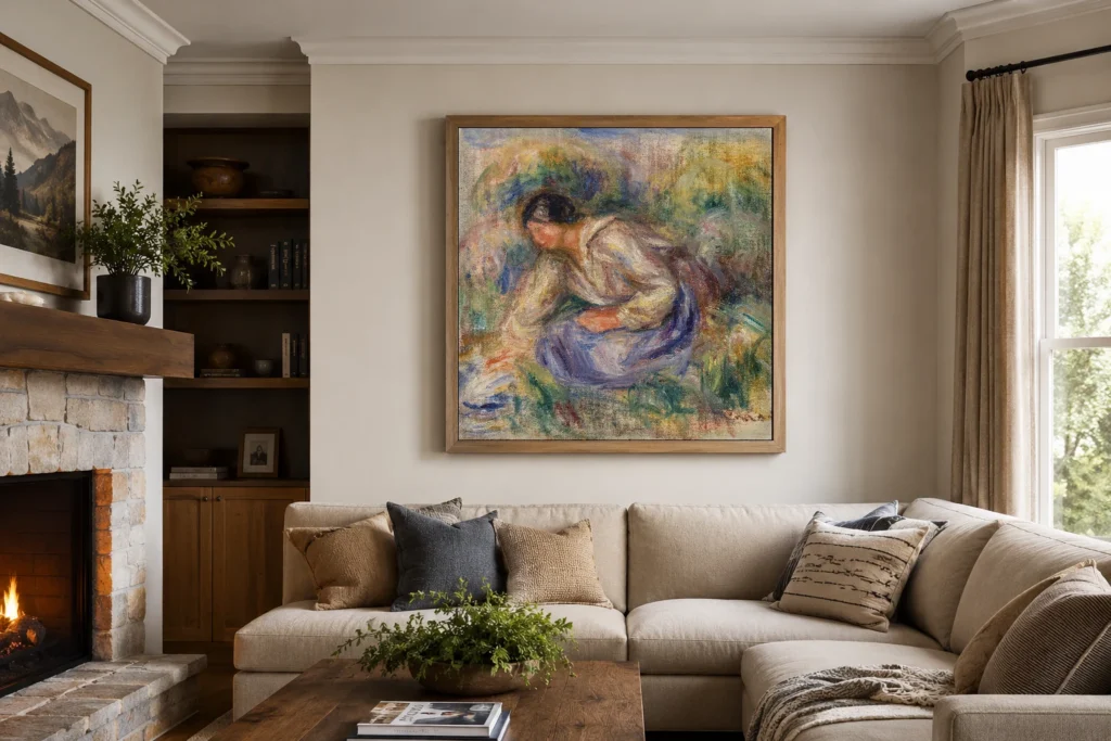 Framed print of Woman in Blue Skirt (Femme en jupe bleue) hanging on a wall in a furnished room