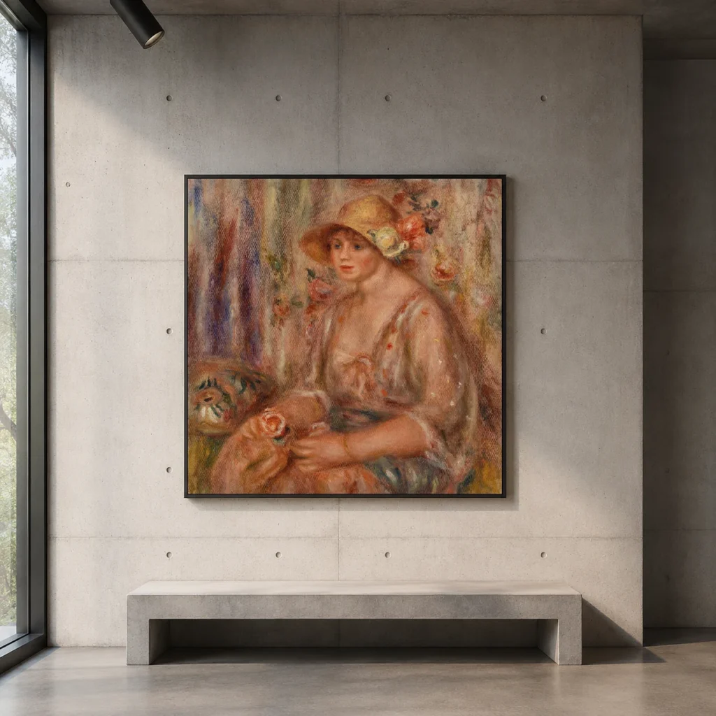 Framed print of Woman in Muslin Dress (Femme en robe de mousseline) hanging on a wall in a furnished room