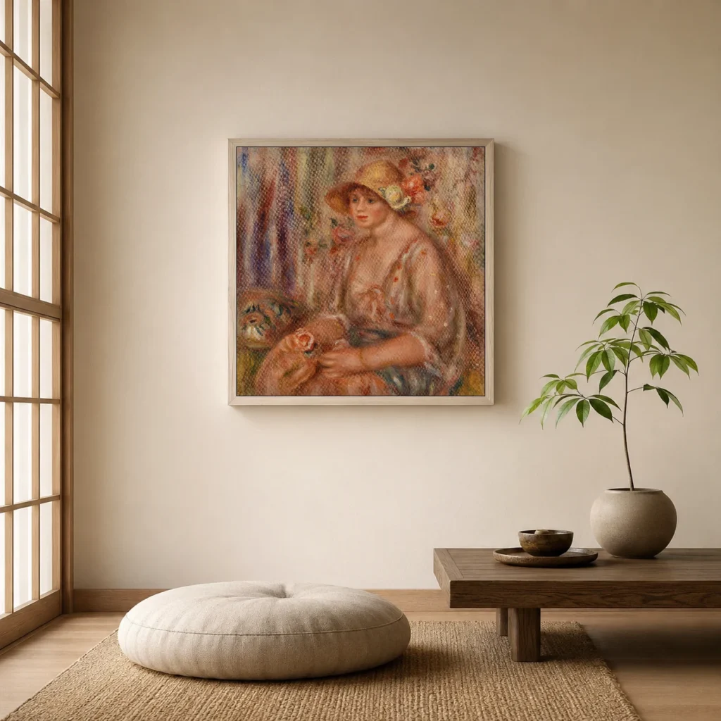 Framed print of Woman in Muslin Dress (Femme en robe de mousseline) hanging on a wall in a furnished room