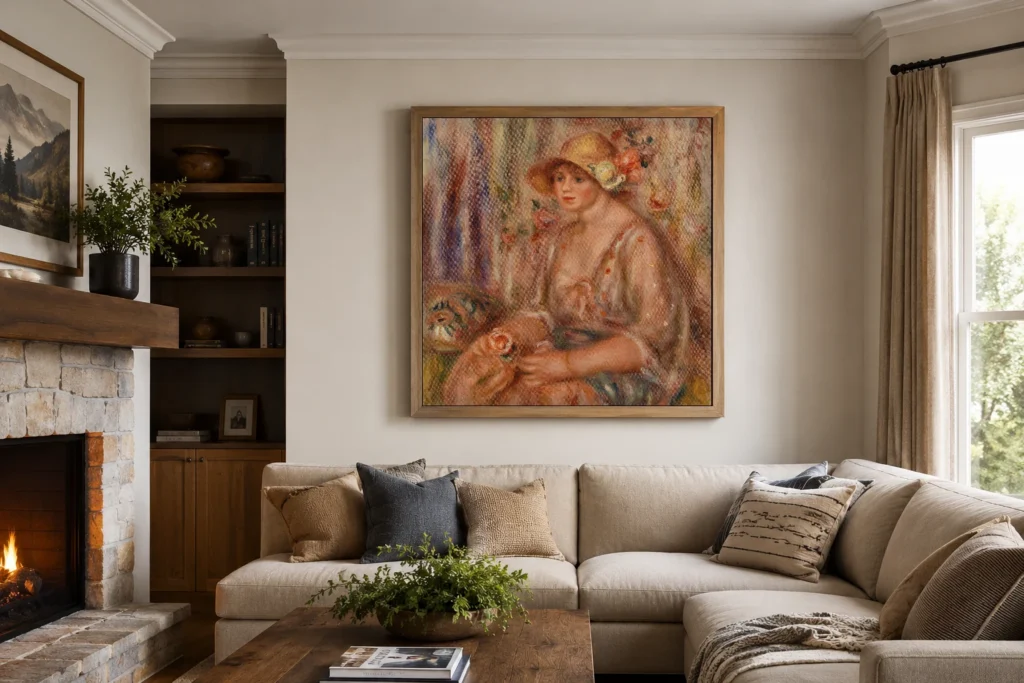 Framed print of Woman in Muslin Dress (Femme en robe de mousseline) hanging on a wall in a furnished room