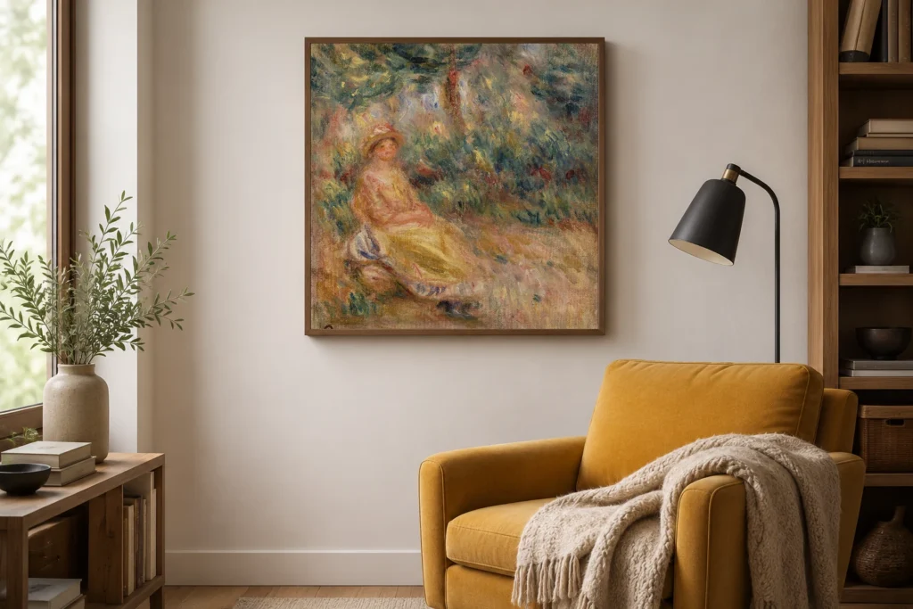 Framed print of Woman in Pink and Yellow in a Landscape (Femme en rose et jaune dans un paysage) hanging on a wall in a furnished room