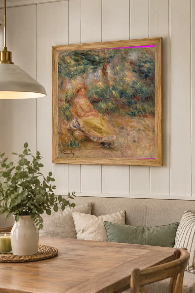 Framed print of Woman in Pink and Yellow in a Landscape (Femme en rose et jaune dans un paysage) hanging on a wall in a furnished room