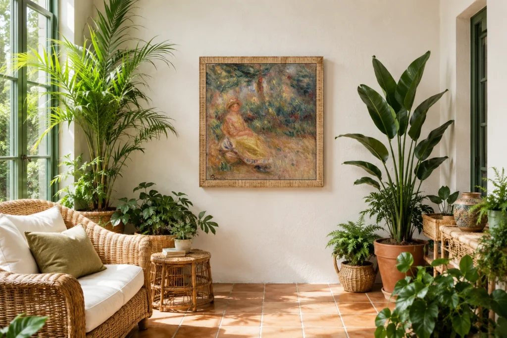 Framed print of Woman in Pink and Yellow in a Landscape (Femme en rose et jaune dans un paysage) hanging on a wall in a furnished room