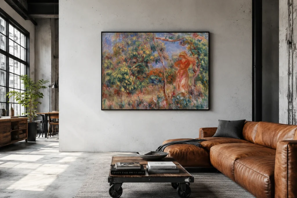 Framed print of Woman in Red in a Landscape (Femme en rouge dans un paysage) hanging on a wall in a furnished room