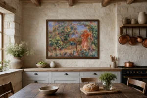 Framed print of Woman in Red in a Landscape (Femme en rouge dans un paysage) hanging on a wall in a furnished room