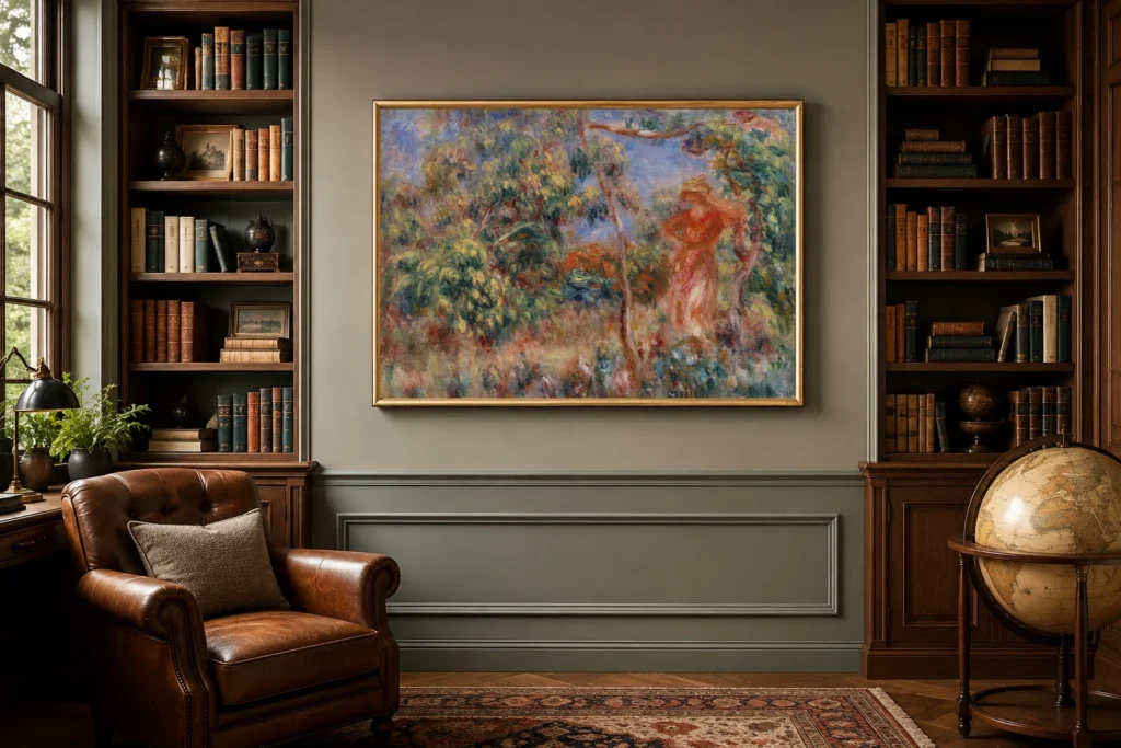 Framed print of Woman in Red in a Landscape (Femme en rouge dans un paysage) hanging on a wall in a furnished room