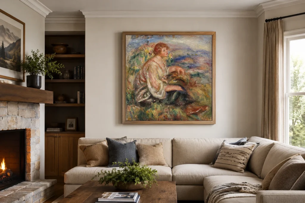 Framed print of Woman in Tulle Blouse and Black Skirt (Femme en blouse de tulle et en jupe noire dans un paysage) hanging on a wall in a furnished room