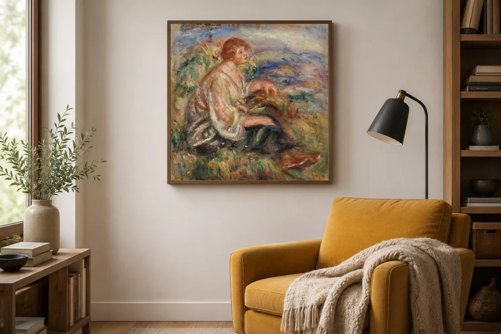Framed print of Woman in Tulle Blouse and Black Skirt (Femme en blouse de tulle et en jupe noire dans un paysage) hanging on a wall in a furnished room
