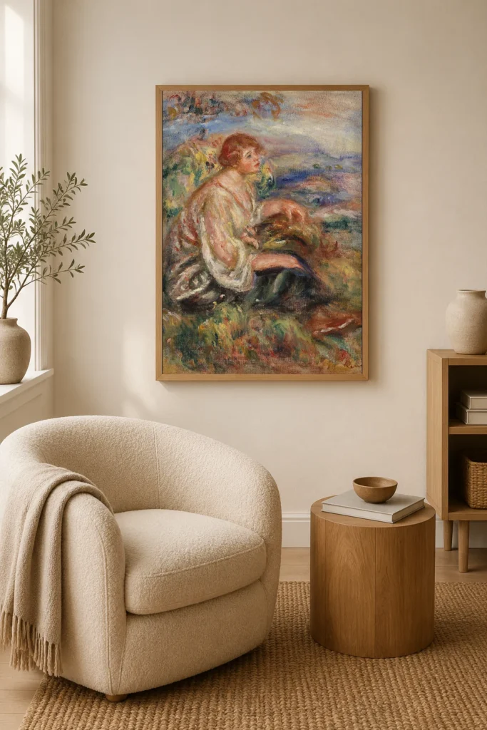Framed print of Woman in Tulle Blouse and Black Skirt (Femme en blouse de tulle et en jupe noire dans un paysage) hanging on a wall in a furnished room