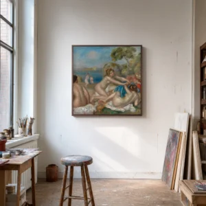 Framed print of Bathers Playing with a Crab hanging on a wall in a furnished room