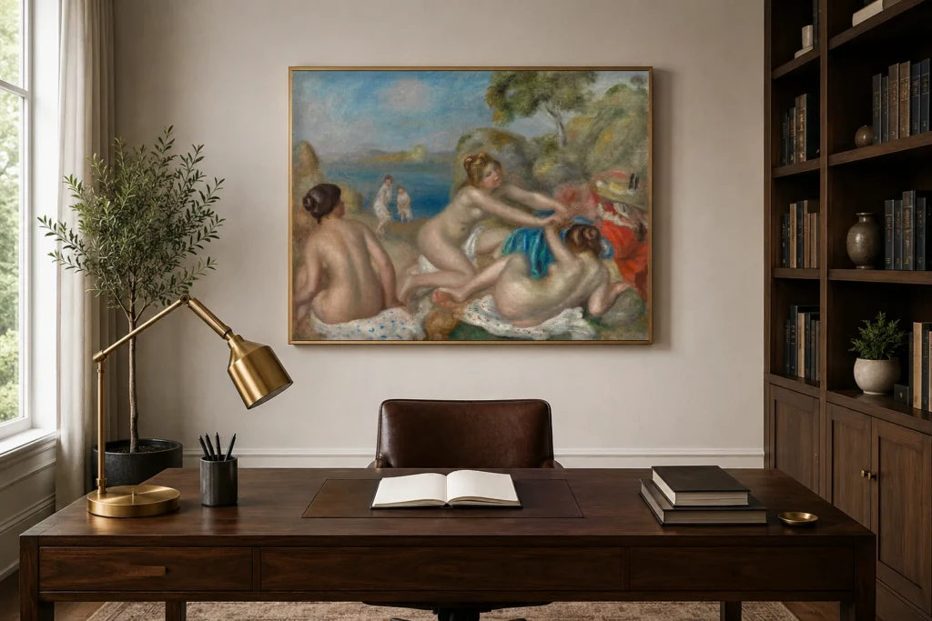 Framed print of Bathers Playing with a Crab hanging on a wall in a furnished room