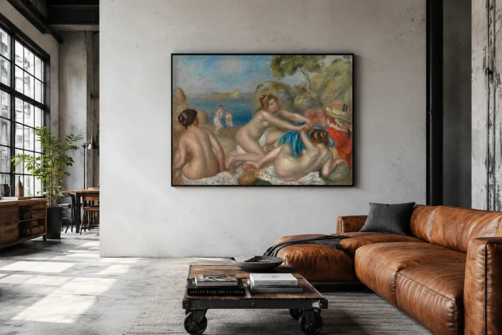 Framed print of Bathers Playing with a Crab hanging on a wall in a furnished room