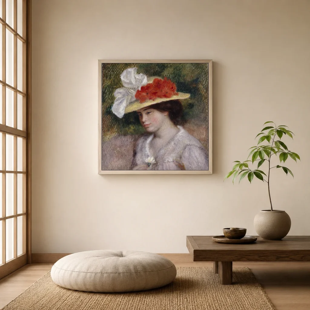 Framed print of Woman in a Flowered Hat hanging on a wall in a furnished room