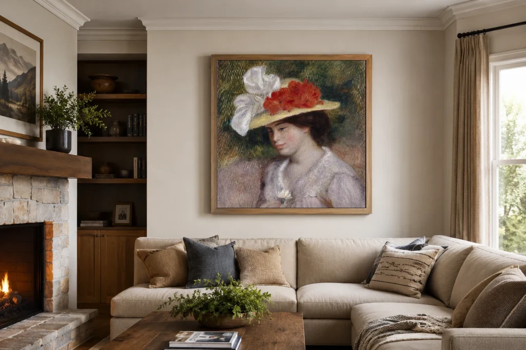 Framed print of Woman in a Flowered Hat hanging on a wall in a furnished room
