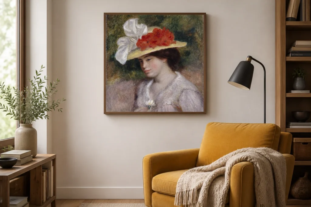 Framed print of Woman in a Flowered Hat hanging on a wall in a furnished room