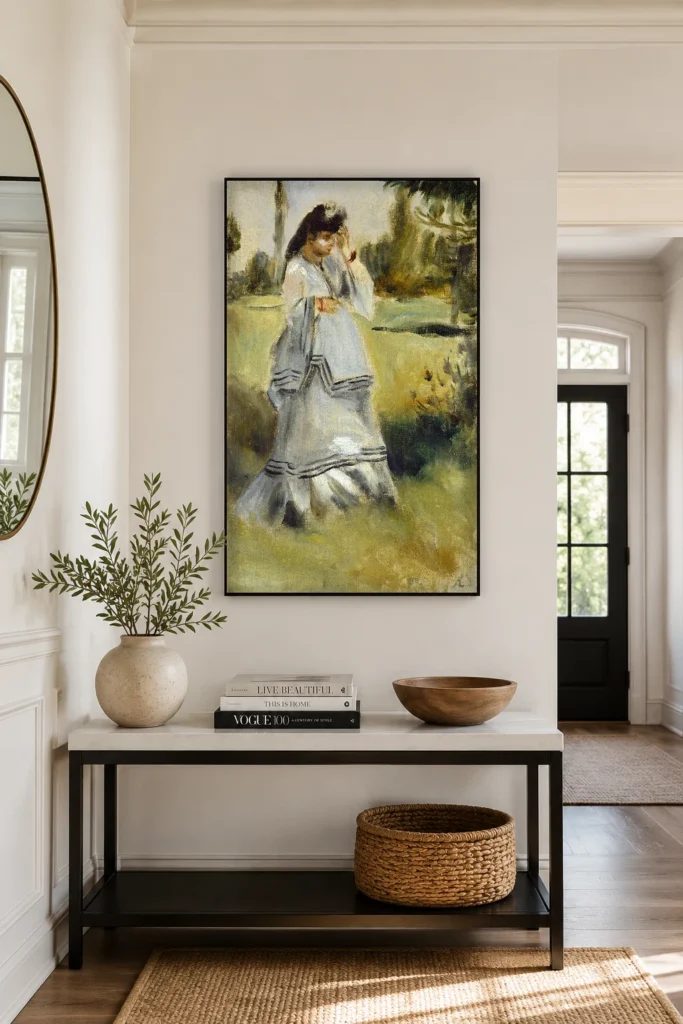 Framed print of Woman in a Park hanging on a wall in a furnished room
