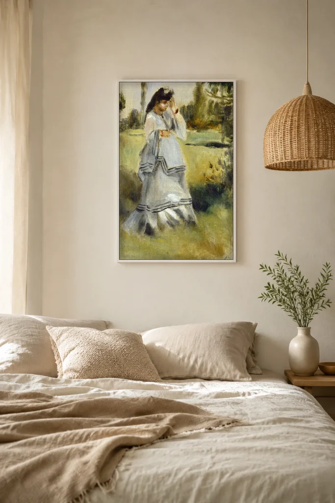 Framed print of Woman in a Park hanging on a wall in a furnished room