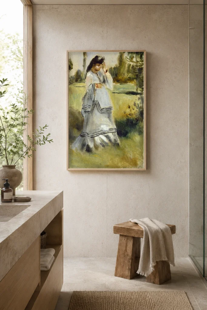 Framed print of Woman in a Park hanging on a wall in a furnished room