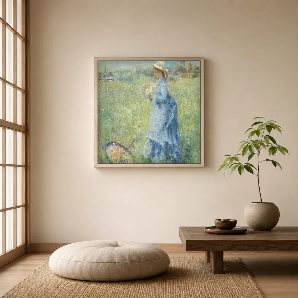 Framed print of Woman picking flowers hanging on a wall in a furnished room