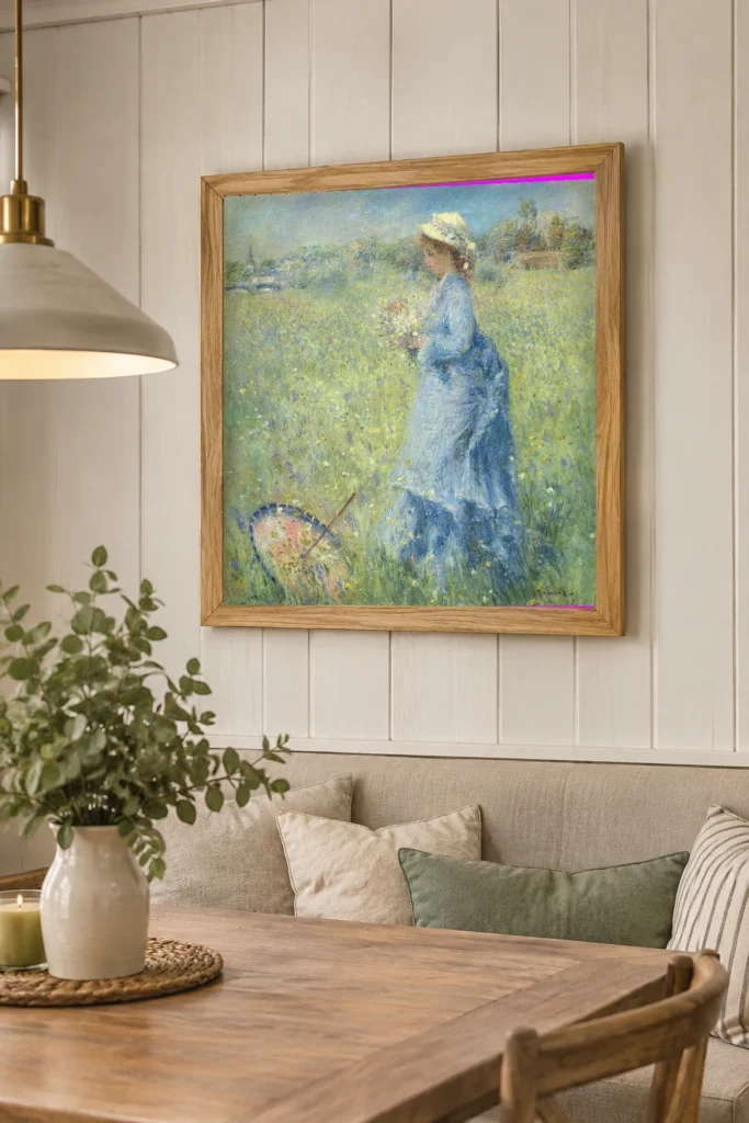 Framed print of Woman picking flowers hanging on a wall in a furnished room