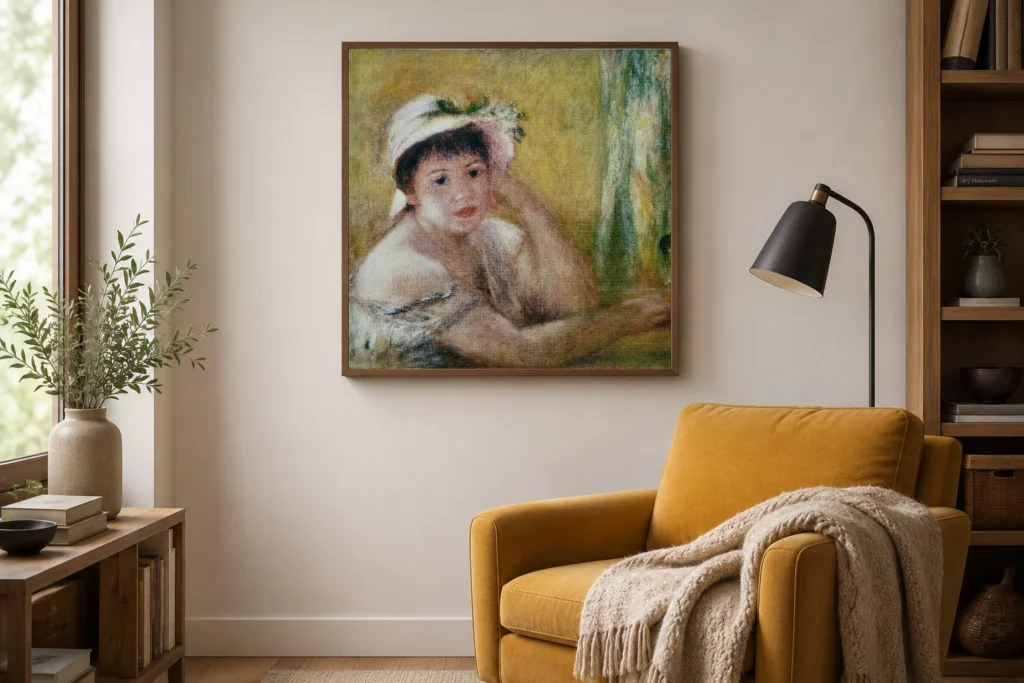 Framed print of Woman wearing a straw hat hanging on a wall in a furnished room