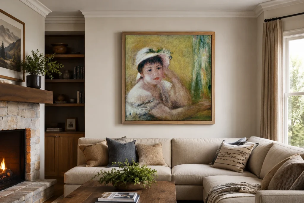 Framed print of Woman wearing a straw hat hanging on a wall in a furnished room