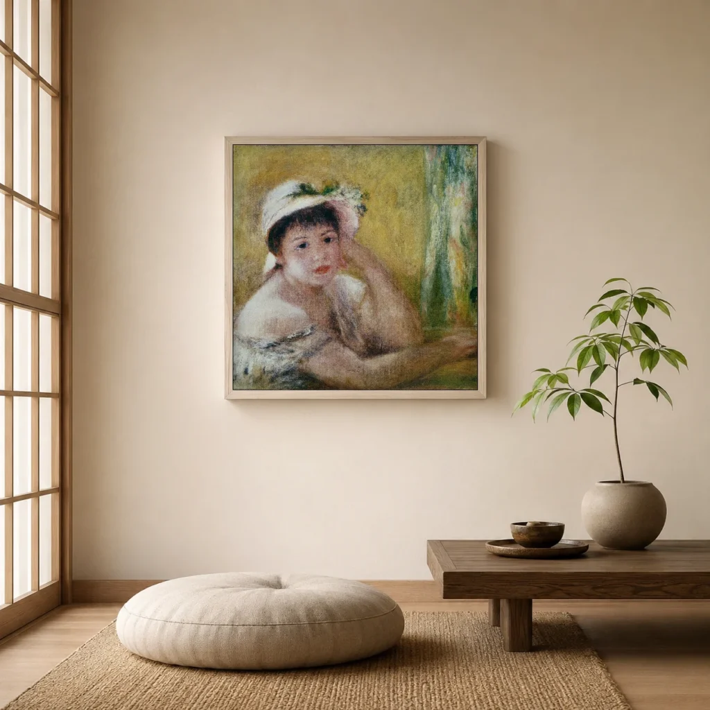 Framed print of Woman wearing a straw hat hanging on a wall in a furnished room