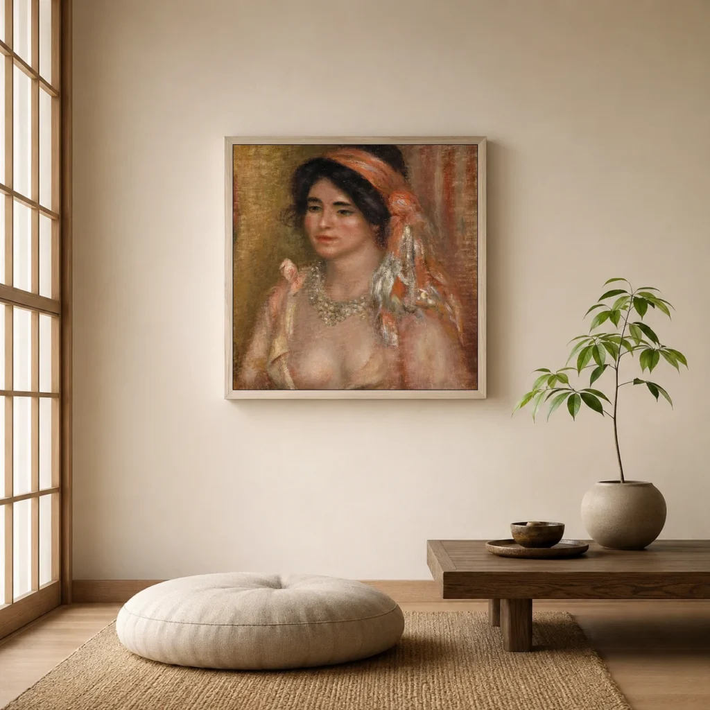 Framed print of Woman with Black Hair (Jeune femme aux cheveux noirs, buste) hanging on a wall in a furnished room