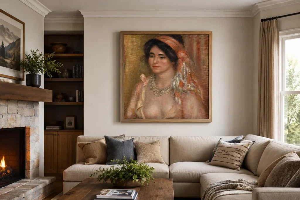 Framed print of Woman with Black Hair (Jeune femme aux cheveux noirs, buste) hanging on a wall in a furnished room