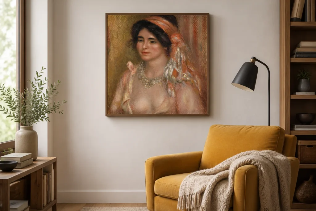 Framed print of Woman with Black Hair (Jeune femme aux cheveux noirs, buste) hanging on a wall in a furnished room