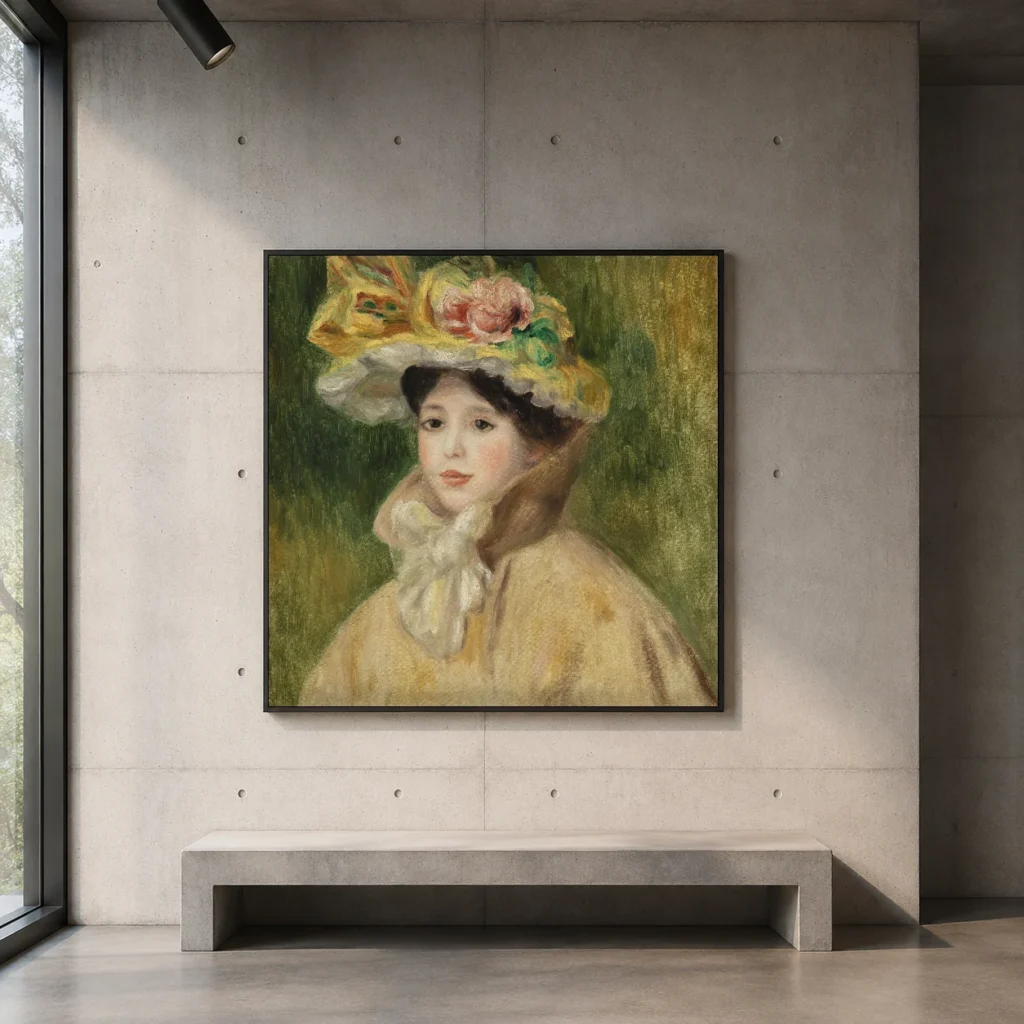Framed print of Woman with Capeline (Femme à la capeline) hanging on a wall in a furnished room