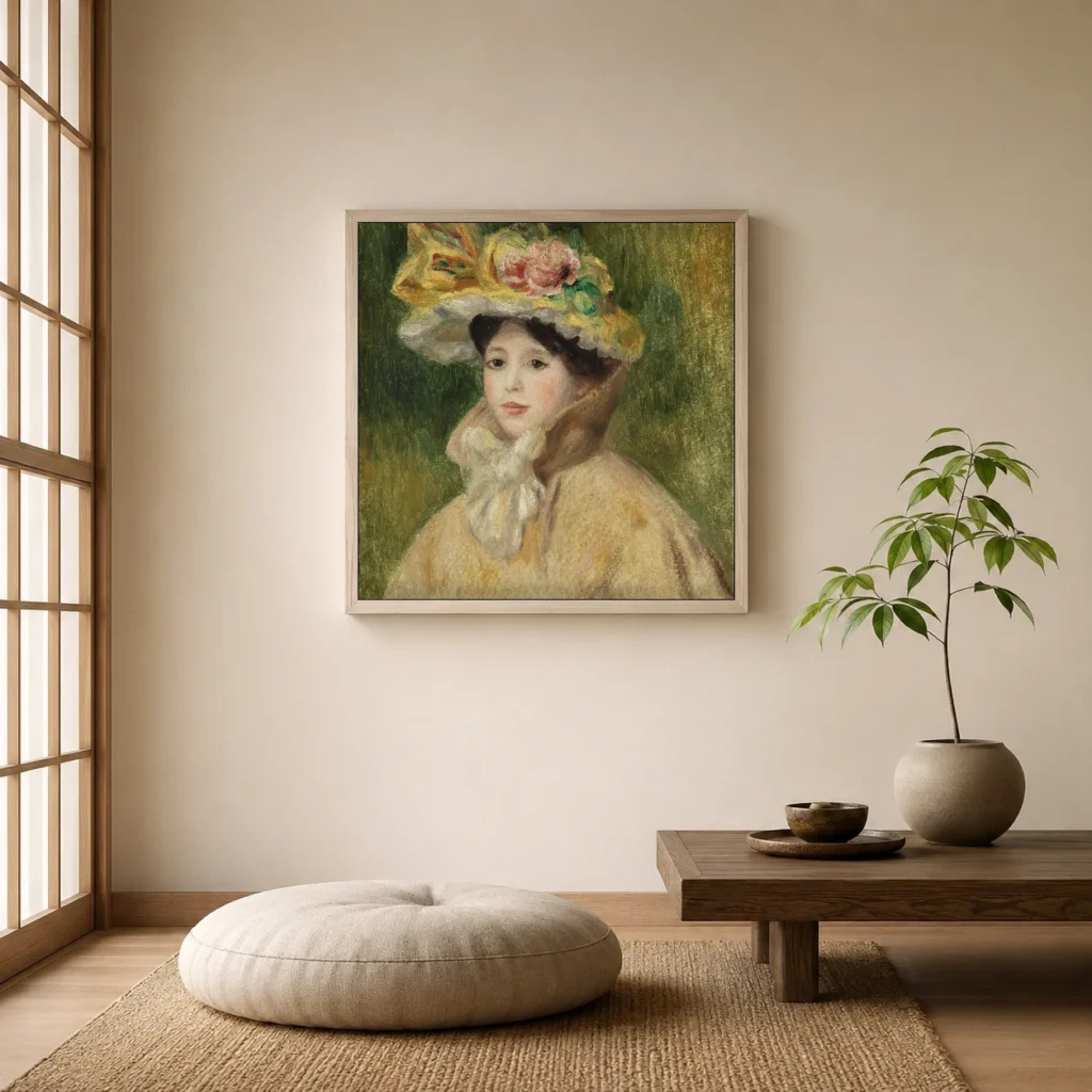 Framed print of Woman with Capeline (Femme à la capeline) hanging on a wall in a furnished room