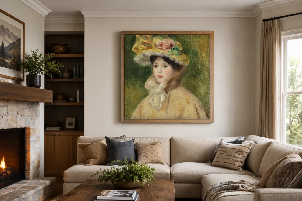 Framed print of Woman with Capeline (Femme à la capeline) hanging on a wall in a furnished room