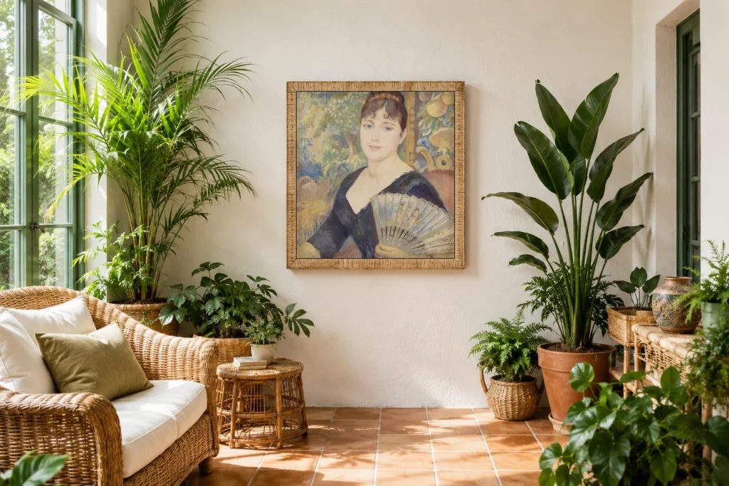 Framed print of Woman with Fan (Femme à l’éventail) hanging on a wall in a furnished room